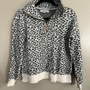 Loft Quarter Zip Knit Sweater Snow Leopard Animal Print Gold Zipper XS